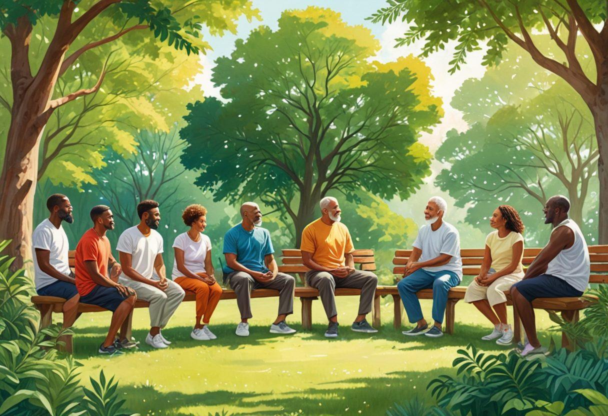 A diverse group of men of various ages and backgrounds, engaging in supportive activities such as group discussions, outdoor exercises, and self-care routines in a serene park setting. The scene conveys a strong sense of community, empowerment, and mental well-being, with soft sunlight filtering through trees. The image should express unity, resilience, and holistic health. illustration. vibrant colors. peaceful atmosphere.