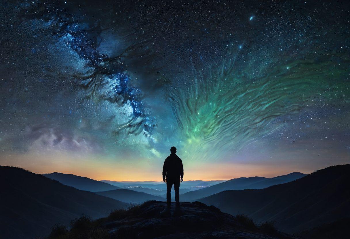 A powerful silhouette of a man standing on a hilltop under a starlit sky, symbolizing vulnerability and hope. Surround him with abstract sound waves representing breaking the silence, and incorporate subtle imagery of mental health symbols like a brain and heart. Use a color palette of deep blues and soft greens to evoke calmness and introspection. super-realistic. vibrant colors.