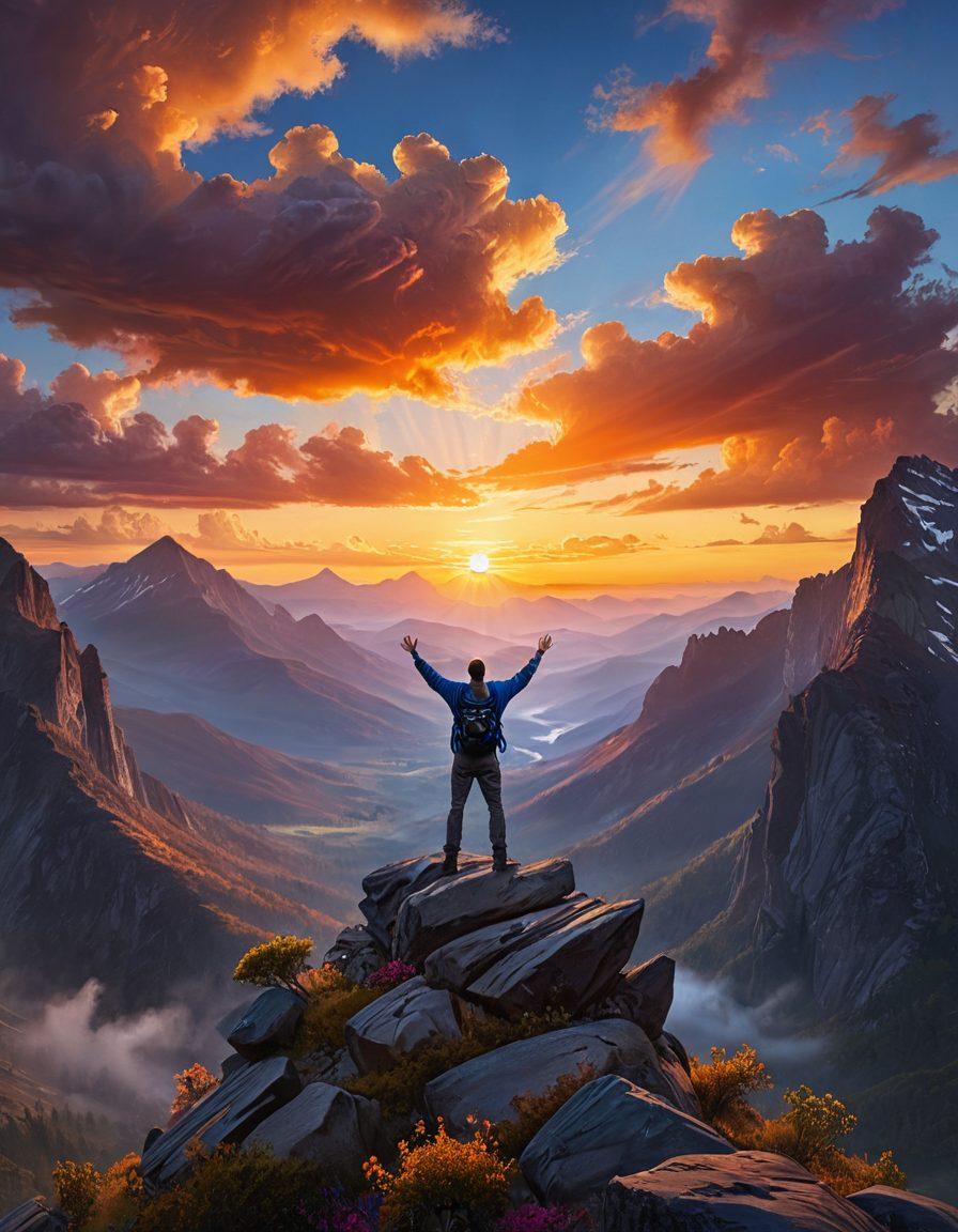 A strong man standing on a mountain peak, arms raised towards the sunrise, symbolizing empowerment and strength. Surround him with soft clouds that depict emotions like sorrow transitioning into vibrant colors representing joy and resilience. In the background, a tranquil landscape shows the journey from darkness to light. Elements of nature and abstract emotional symbols intertwining around him. super-realistic. vibrant colors. dramatic lighting.